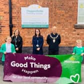Pupils at Haggonsfield Primary, with headteacher Stephanie Henry, Victoria Brookes, community champion at Morrison's and Worksop Mayo Tony Eaton.