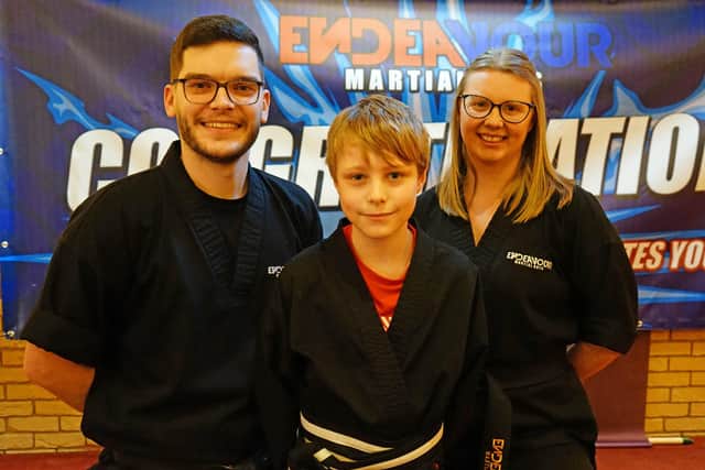 Endeavour Family Martial Arts Blackbelt ceremony and belt presentation. Seen Tom Cutforth, Dylan Wiallourou black belt  and Megan Cutforth.