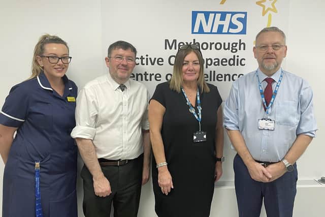 Hannah Stirland and Karen McAlpine meet with Chris Hopson and Richard Parker on a tour of the new orthopaedic surgical centre.