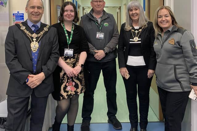 Pictured from left: Worksop mayor coun Tony Eaton; food bank assistant manager Ellen Scarlett-Ryan; food bank manager Robert Garland; Worksop mayoress Julie Eaton; Morrisons community champion, Vicky Brooks.