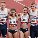 From left Britain's Cameron Chalmers, Zoey Clarke, Emily Diamond and Lee Thompson, pose after taking fourth place in the mixed 4x400m relay heats.