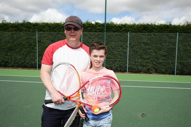 Matt Greaves and Hayden Greaves (11) at a Play Tennis Day at Welbeck Tennis Club, Holbeck Woodhouse.