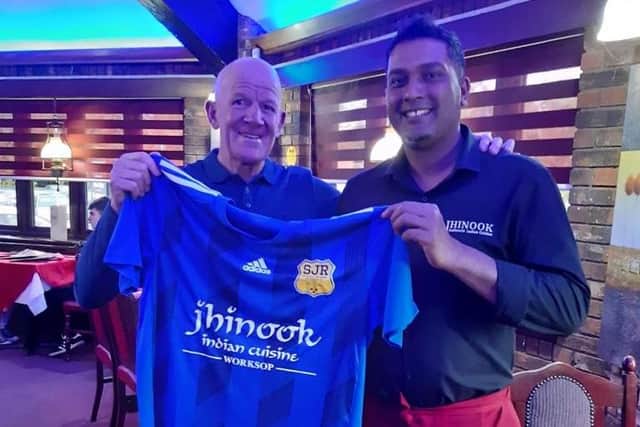 Danny Scott, manager of SJR FC, with Jhinook co-owner Jakir Ali.