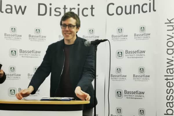 Coun James Naish, Bassetlaw Council leader, speaks at the election count.