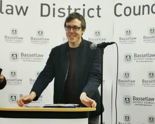 Coun James Naish, Bassetlaw Council leader, speaks at the election count.