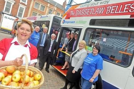 Councillor Pam Skelding cut the ribbon to launch the Bassetlaw Belles bus service in Retford Market Place in 2015. The name "Bassetlaw Belles" referred to the distinctive branding on each bus, which featured 1950s-style characters portraying traditional local occupations. Each character was named after a local village or town and its relevant history.