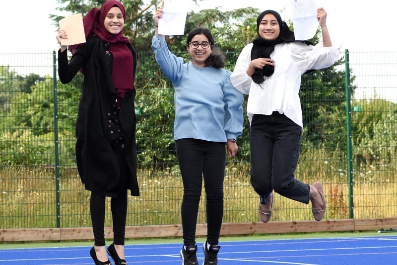 High Tunstall pupils Hasna Inam, Aneesha Rasul and Safiya Khan celebrate their GCSE exam results.