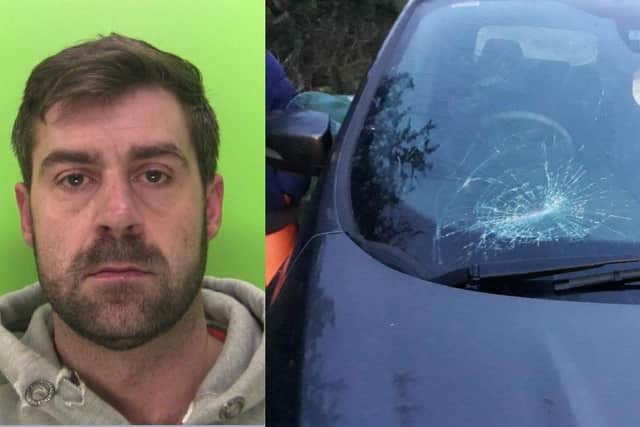Steven Dobb, 39, has been jailed for the attack on his ex. The damage to her car. Images: Notts Police.