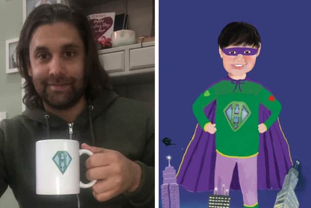 Ric is pictured with a Superhero mug, and an illustration of Hugo from the book.