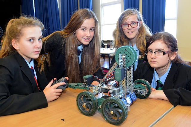 Ellie Griffiths, Ellie Crossman, Amber Davison and Emma Kerry taking part in the  High Tunstall College of Science robotics day in 2015. Does this bring back memories?