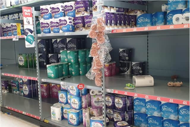Empty shelves in the toilet roll aisle at Asda at Lakeside in Doncaster. (Photo: Shaun Whitaker).