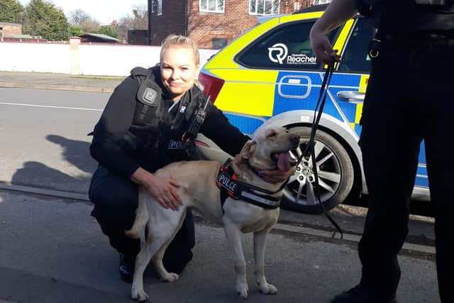 Inspector Hayley Crawford, district commander for Bassetlaw, and police dog Lola both attended a Misuse of Drugs Warrant in Manton.