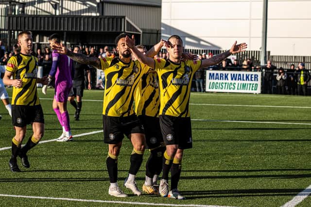 Worksop Town celebrte a famous FA Cup moment on Saturday. Picture by Corey Prevett Photography.