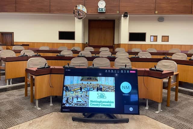 New technology in the council chamber at Nottinghamshire Council's County Hall. The technology failed in the council's annual budget meeting.
