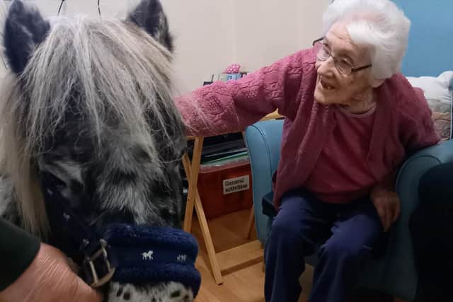 Resident Lena Bainbridge was amongst many who enjoyed petting Peewee the therapy pony.