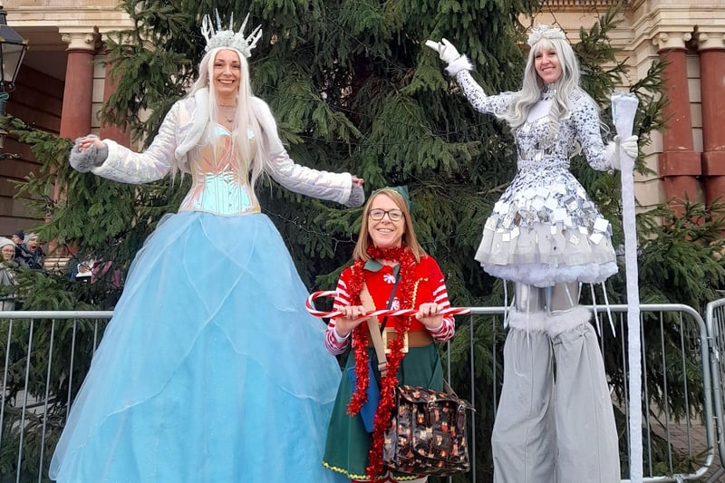 Evie the Elf joined the two stilt-walking ice queens at the Retford Christmas light switch on event