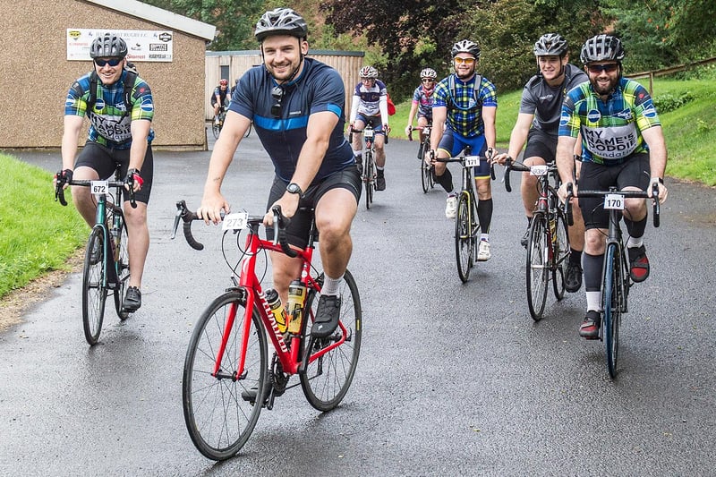 Melrose lads led by Richard Ferguson stopping off at Jedburgh during Doddie'5 Ride 2021 (Pic: Bill McBurnie)