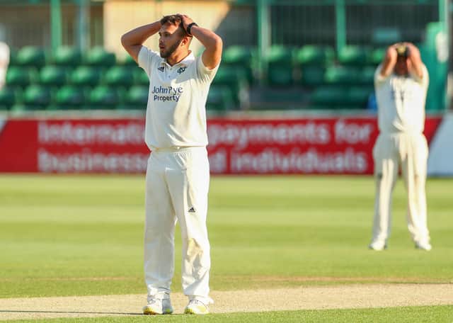 Dane Paterson reacts during the LV= Insurance County Championship match between Essex and Nottinghamshire. (Photo by Jacques Feeney/Getty Images)