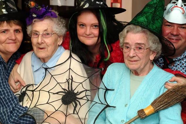 The team at Worksop's Victoria Care Home on Memorial Avenue trade traditional costumes for pyjamas, hosting a Halloween party to raise money for the residents' fund. Picture: L-R Denise Callaghan (care assistant), Phyllis Tomlinson (resident), Clare Shackleton (senior carer), Violet Ellis (resident) and Christopher Cooper (home manager)