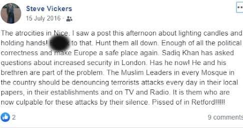 A screenshot of Councillor Vickers' Facebook post