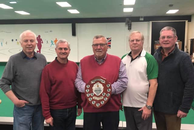 The Cronies indoor bowls team Brian Fox, Gave Gascoyne, Andy Pointon, Ray Taylor and Cameron Gray - winners of the Arena's indoor bowls T League 2019/20 season