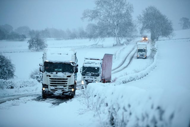 Lorries get stuck on the A515 after heavy snow fall in the Derbyshire Peak District near Biggin on Saturday morning.