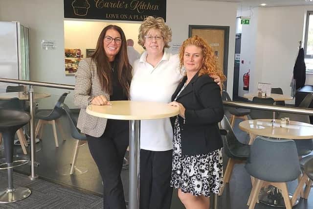 Pictured, from left, are centre manager Claire Gregory, new café provider Carole Sansom, and assistant centre manager Adele Davies.