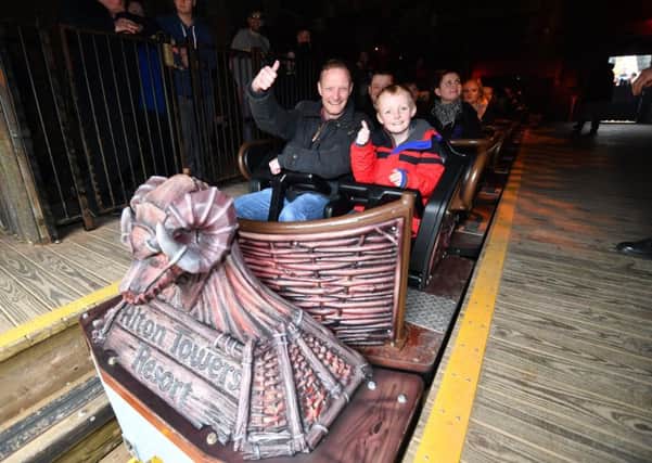 A father and son ride The Wicker Man at Alton Towers for the first time