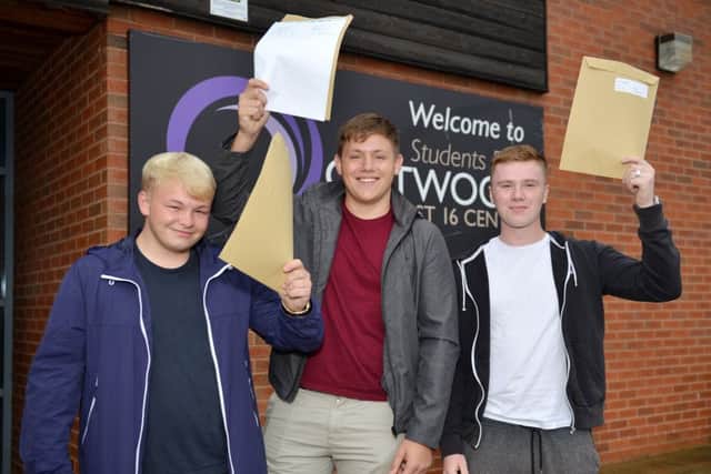 Students at Outwood Post 16 Centre in Worksop collected their A-level and AS-level results on Thursday. Pictured is Archie Fogg, Jack Hawksworth and Jack Oxby.