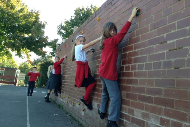 Ranskill pupils on the new traverse wall at the school