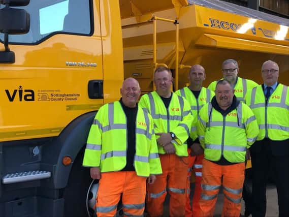 Gritter drivers Tony Brown, Mark Wardle, Andrew Hammans and Paul Davis at Gamston Highways Depot with Via East Midlands team manager, Kevin Heathcote and Nottinghamshire County Councils Communities and Place chairman, Councillor John Cottee