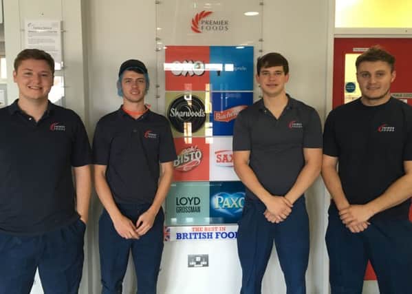 The four apprentices who are making excellent progress at Premier Foods in Worksop, from left, Will Gray, Alex Pressley, Ayden Hall and Alex Stringfellow.