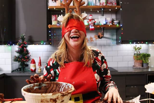 TV star Kate Bottley getting in a right mess while attempting to bake Costa Coffees double chocolate yule log while blindfolded.