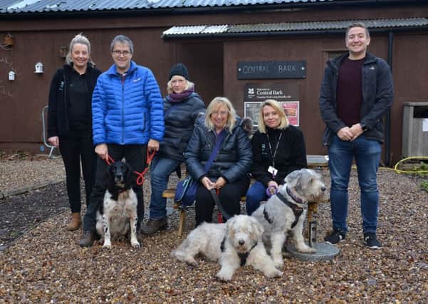 Central Bark manager Sarah Lewis, David and Wendy Ellis with Oscar, Donna Haselhan with dogs Bracken and Bluebell, food and beverage manager Claire Gardener and marketing officer Benedict Mason.