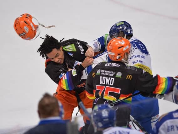 Jordan Owens helmet went flying in the fight v Coventry. Pic by Dean Woolley
