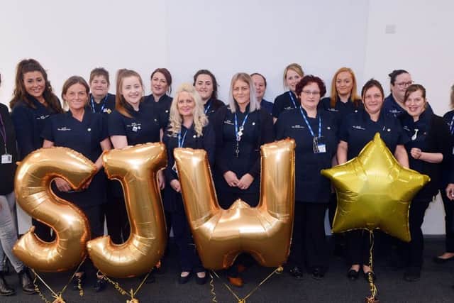 SJW - The Wright Care received an outstanding from The CQC. Sue Wake inspector from CQC and Sue Wright manager SJW with staff.