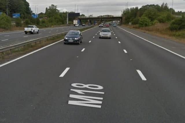 Lane closures southbound on the M18, jct 1 to M1 jct 32 due to works being carried out by Highways England. Delays likely until 6am, May 15, 2019.