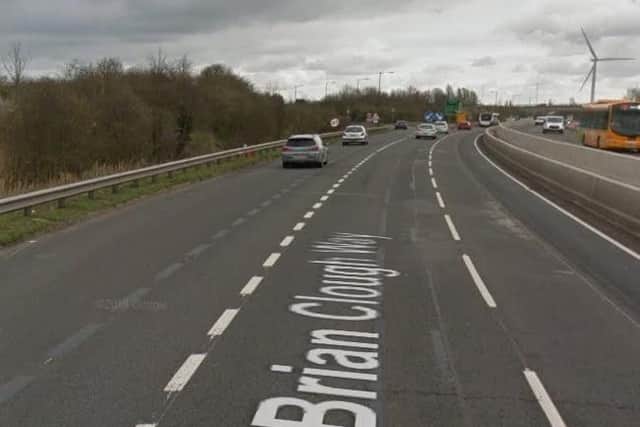 Lane closure at A52 Brian Clough Way, Derby, adjacent to Meadow Lane, due to safety barrier works, by Derby City Council. Delays likely until August 16, 2019.