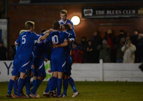 Gainsborough Trinity v Barrow AFC, FA Trophy Fourth Round. Pictured is Michael Leary goal.