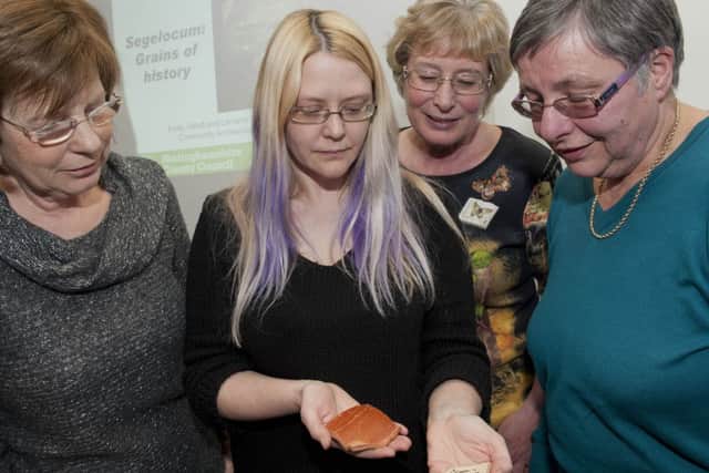 Nottinghamshie Community Archaeologists visited Retford library on Wednesday to give a glimpse of life in the roman era 'Segelocum....Grains of History'. Lorraine Horsley of Nottinghamshire Community Archaeologists with (left to right); Anne Exton, Julie Ratcliffe and Judith Goodall