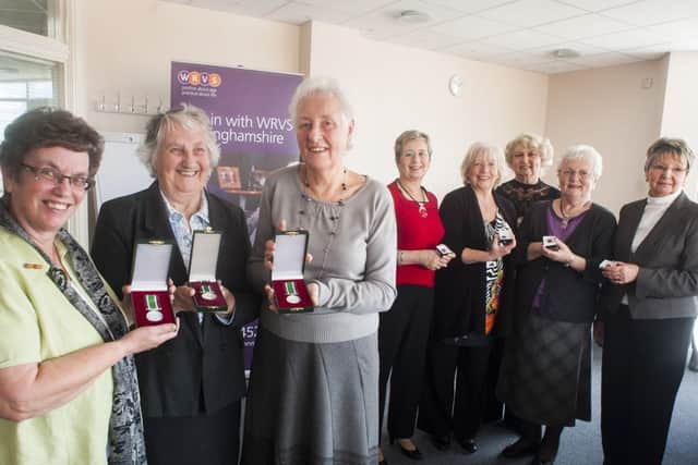 At Bassetlaw Hospital in Worksop Ladies of the WRVS are awarded medals and badges for their service on Wednesday 15 year Medals for Margaret Emery, Margaret Scott and Barbara Pickering with Brenda Willand, Leslie Dean, Nessie Rogers, Glynis Thorpe and Carole Blake House receiving 10 and 20 year badges
13 March 2013
Image © Paul David Drabble