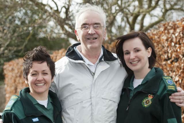 Ian Crookes met with ambulance crew members Lynsay O'Neill and Rebecca Heelis who saved his life