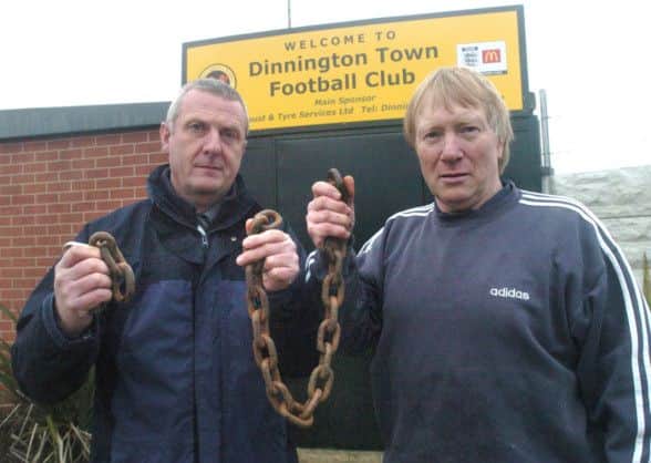 Pictured at the Dinnington Town Football Club, where LtoR Chris Dearns Secretary, and Steve Toyne manager are seen with the chain that raiders cut through to break into the club .