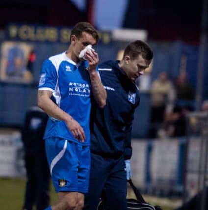 Gainsborough Trinity (blue) v Boston United in the the Lincs Senior Shield Final at the Northolme, Gainsborough on Tuesday. Boston ran out winners with a 3-1 victory