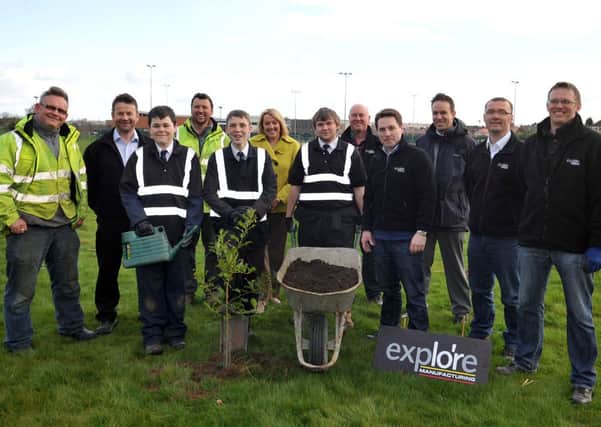 Launch of community garden project at Outwood Academy Portland, pictured are students with representatives from Laing O'Rourke, Explore Manufacturing, Darfoulds and Expand (w130426-1)