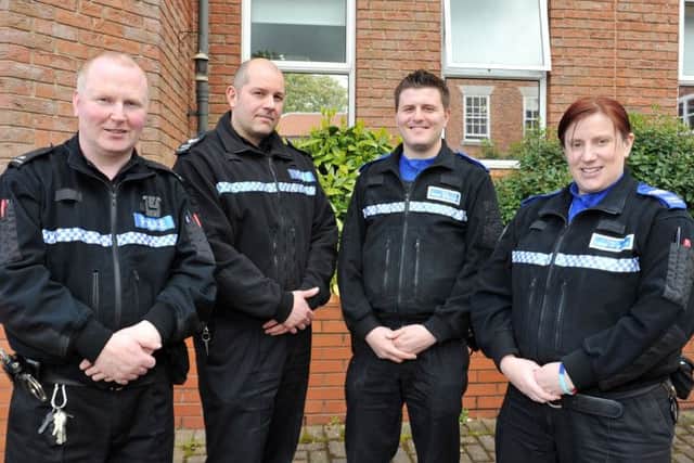 Worksop Police Carlton In Lindrick beat team from left PC 419 John Graham, Sgt 2374 Mark Goodard, PCSO Scott Padley and PCSO Cathy Parker (w120426-4a)