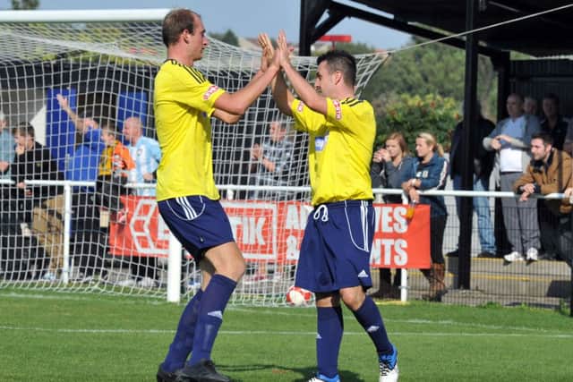 Worksop Town v Stafford Rangers.  Pictured is Tom Denton and Leon Mettam celebrating Worksops first goal (w120915-1s)