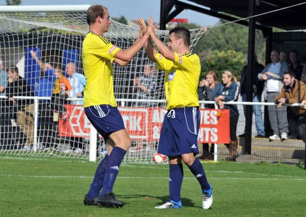 Worksop Town v Stafford Rangers.  Pictured is Tom Denton and Leon Mettam celebrating Worksops first goal (w120915-1s)