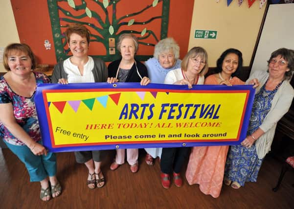 Ladies of the Scotter Textile Group promoting their upcoming arts festival (w130603-4)