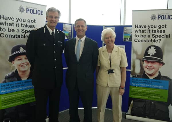 South Yorkshire Police Chf Con David Crompton, with commissioner Shaun Wright and mayor of Doncaster Ros Jones at the launch of the force's special constables recruitment drive in Doncaster